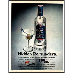 1969 Walker's London Dry Gin Vintage Print Ad Martini Glass Green Olive Wall Art